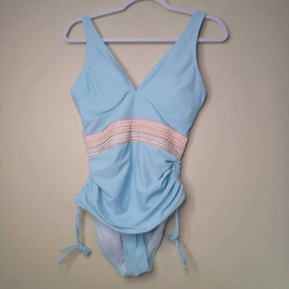 Swimsuit One Piece Women S Side Gathers Padded Cups Blue With Rainbow Accent